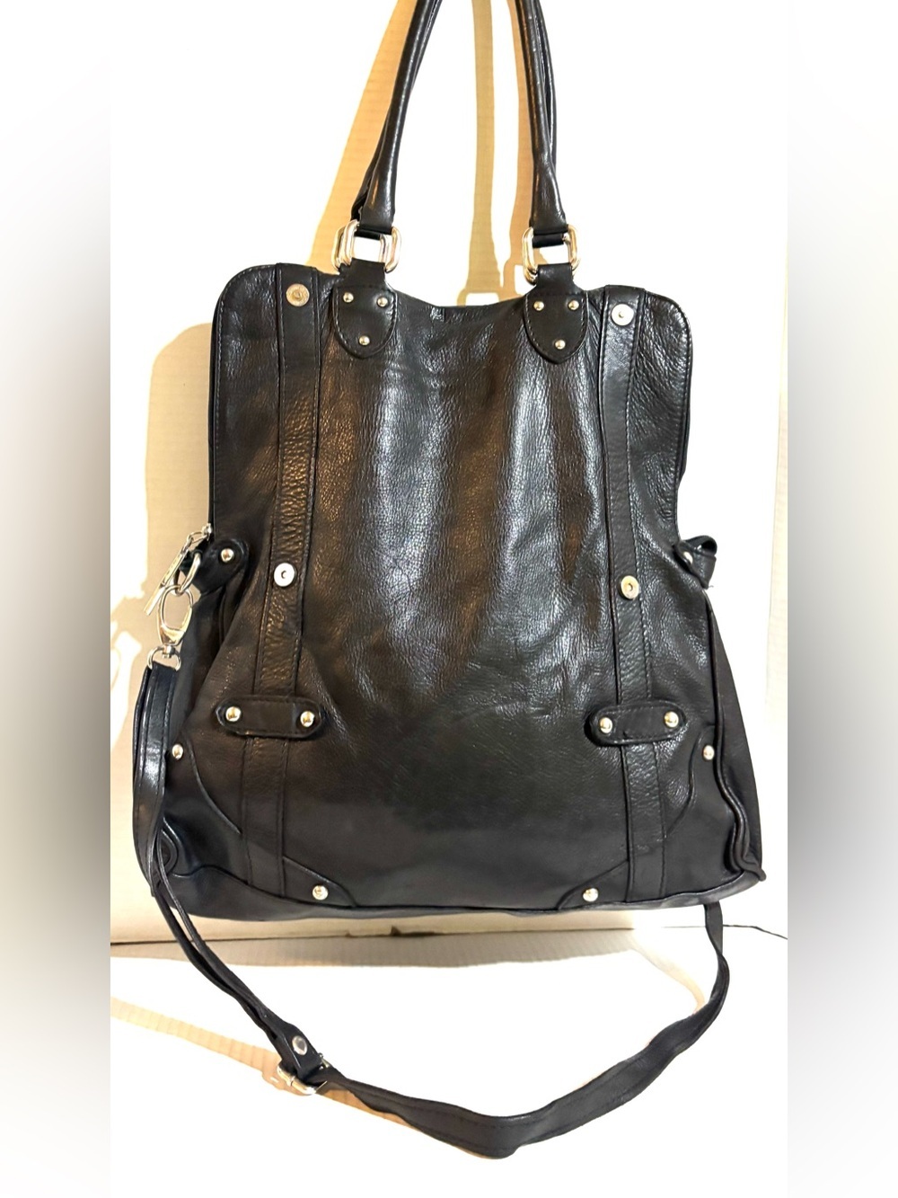 Black Leather Tote Bag with Silver Hardware - Women
